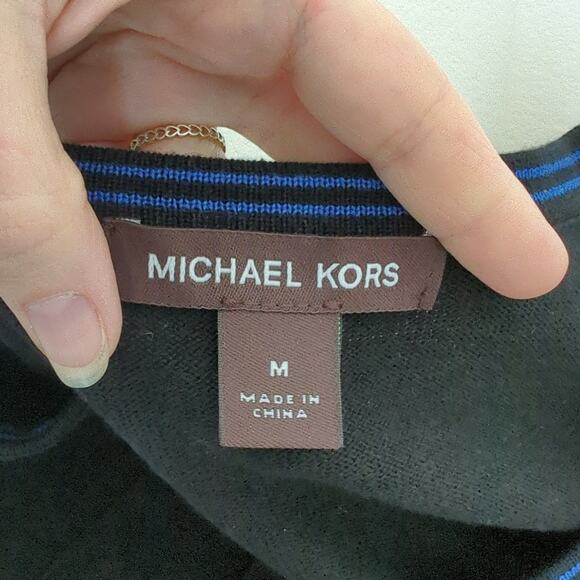 Michael Kors Mens V-neck Sweater Black Blue Ribbed Size Medium Long Sleeve - Picture 3 of 6